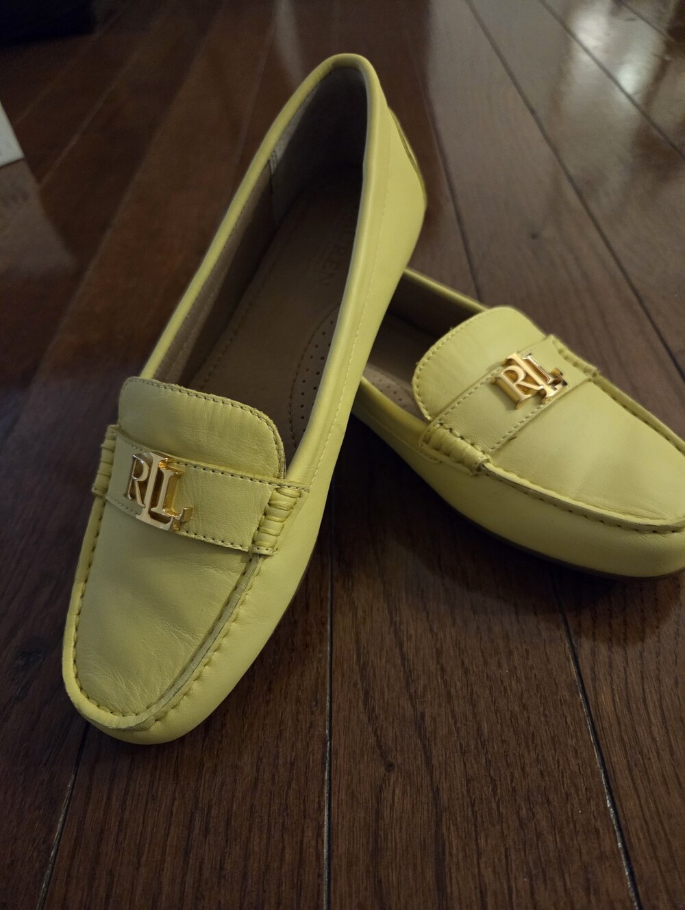 Ralph Lauren Yellow Leather Moccasin Loafers with Gold Hardware